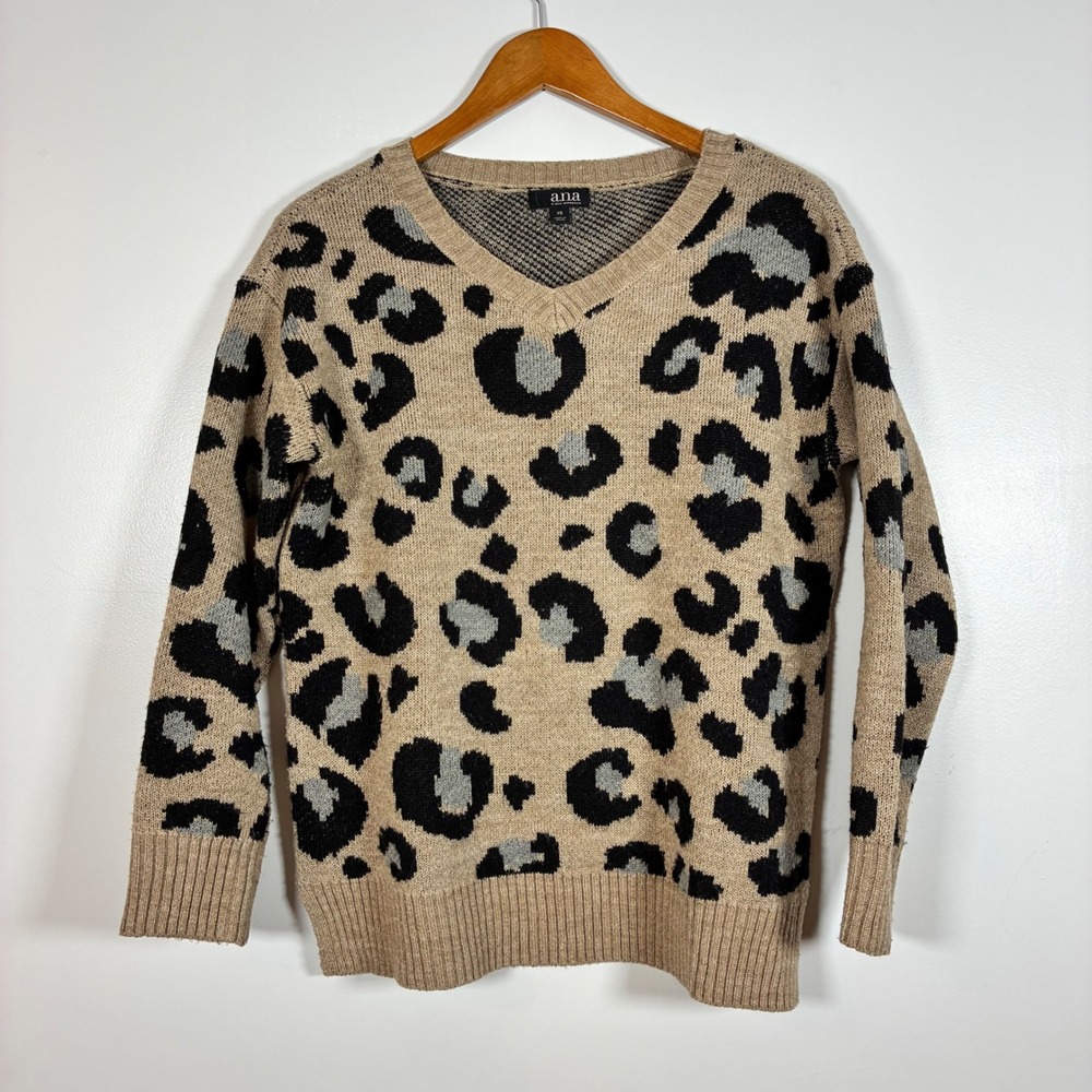 a.n.a Sweater XS Tan Leopard Print Knit Side Slits Cozy Fall Oversized Trendy